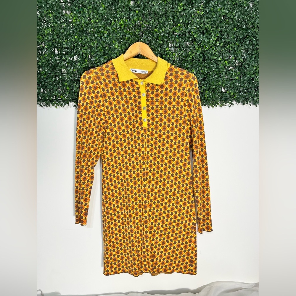 ZARA Mod Geo Floral Jacquard Knit Polo Dress – Size Medium